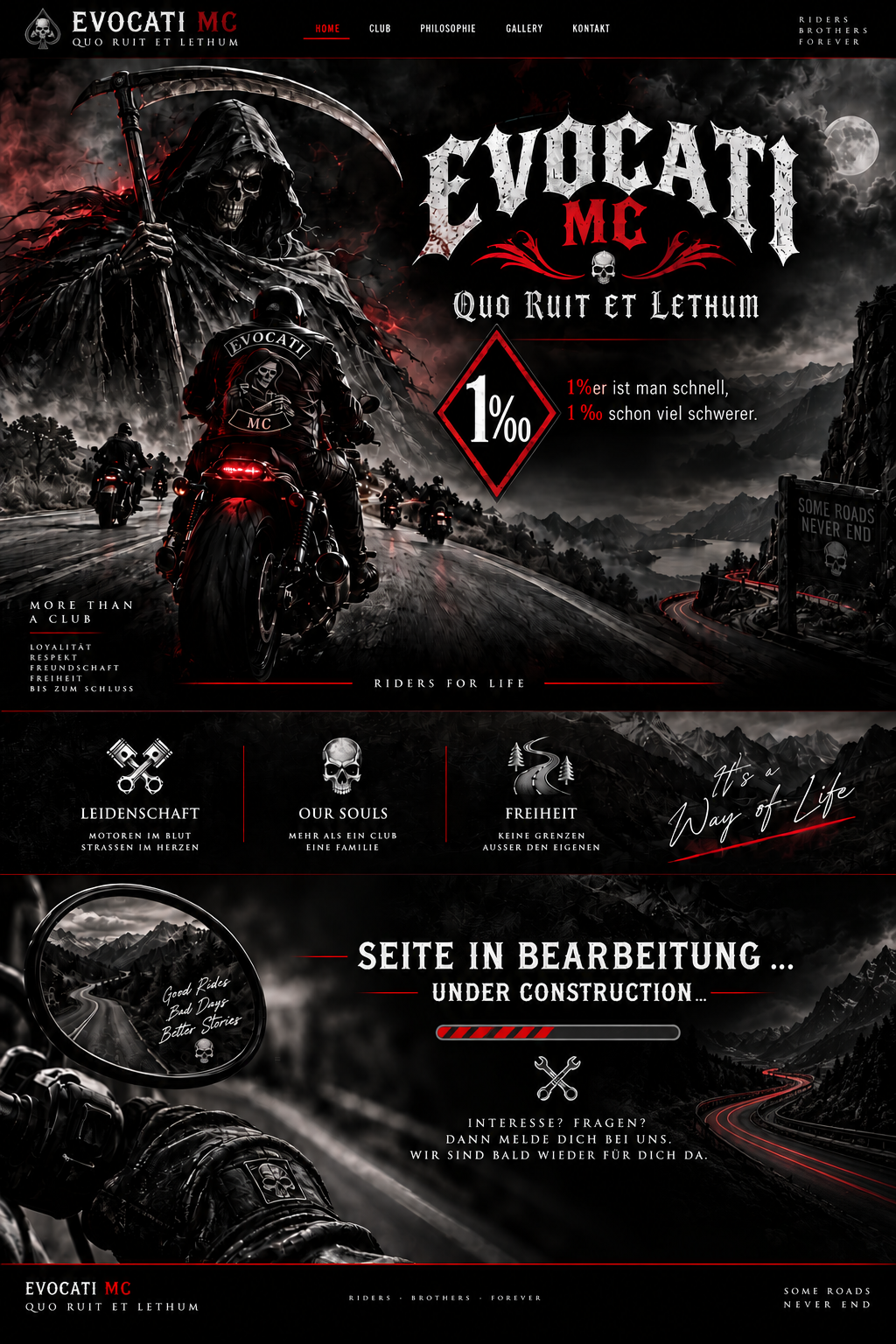 EVOCATI MC — Motorradclub und nächtliche Motorradstraße mit Sensenmann